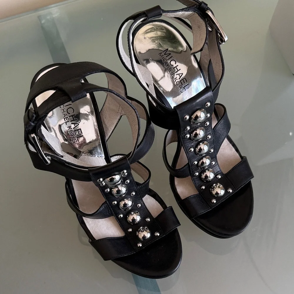 Michael Kors Black Leather Stiletto Sandals Size 9 Silver Studded Platform Heels